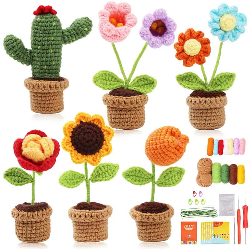 DIY Crochet Kit for Beginners - 6 Mini Potted Flower and Plant Amigurumi Set