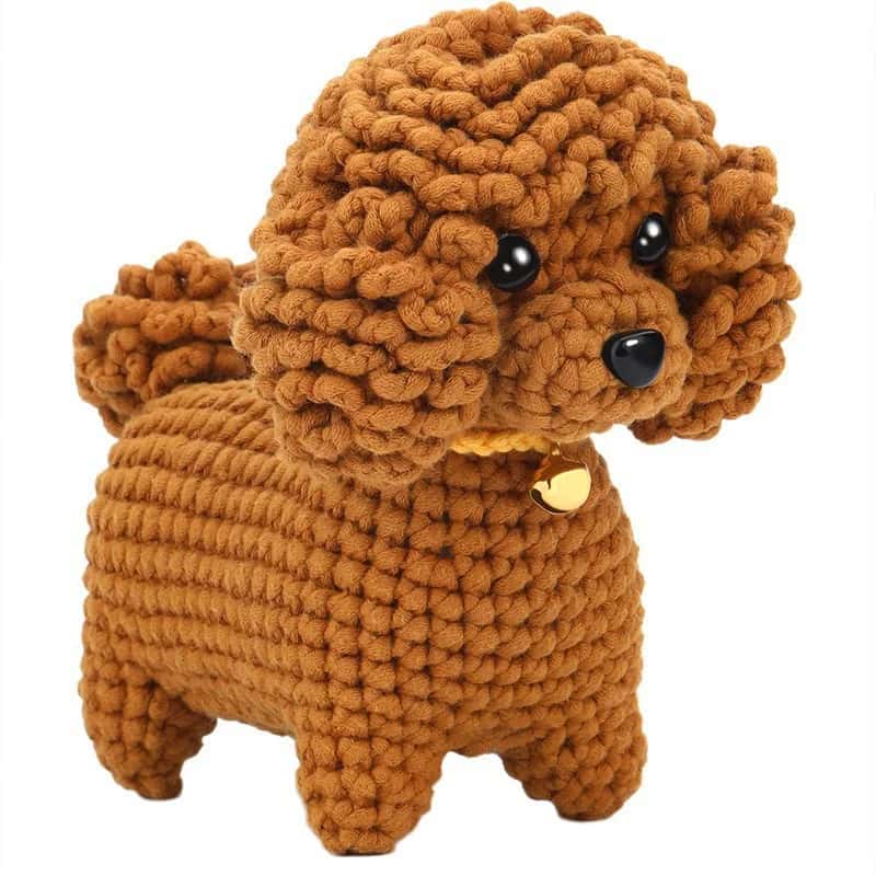 DIY Crochet Kit for Beginners - Brown Poodle Amigurumi with Gold Bell Collar