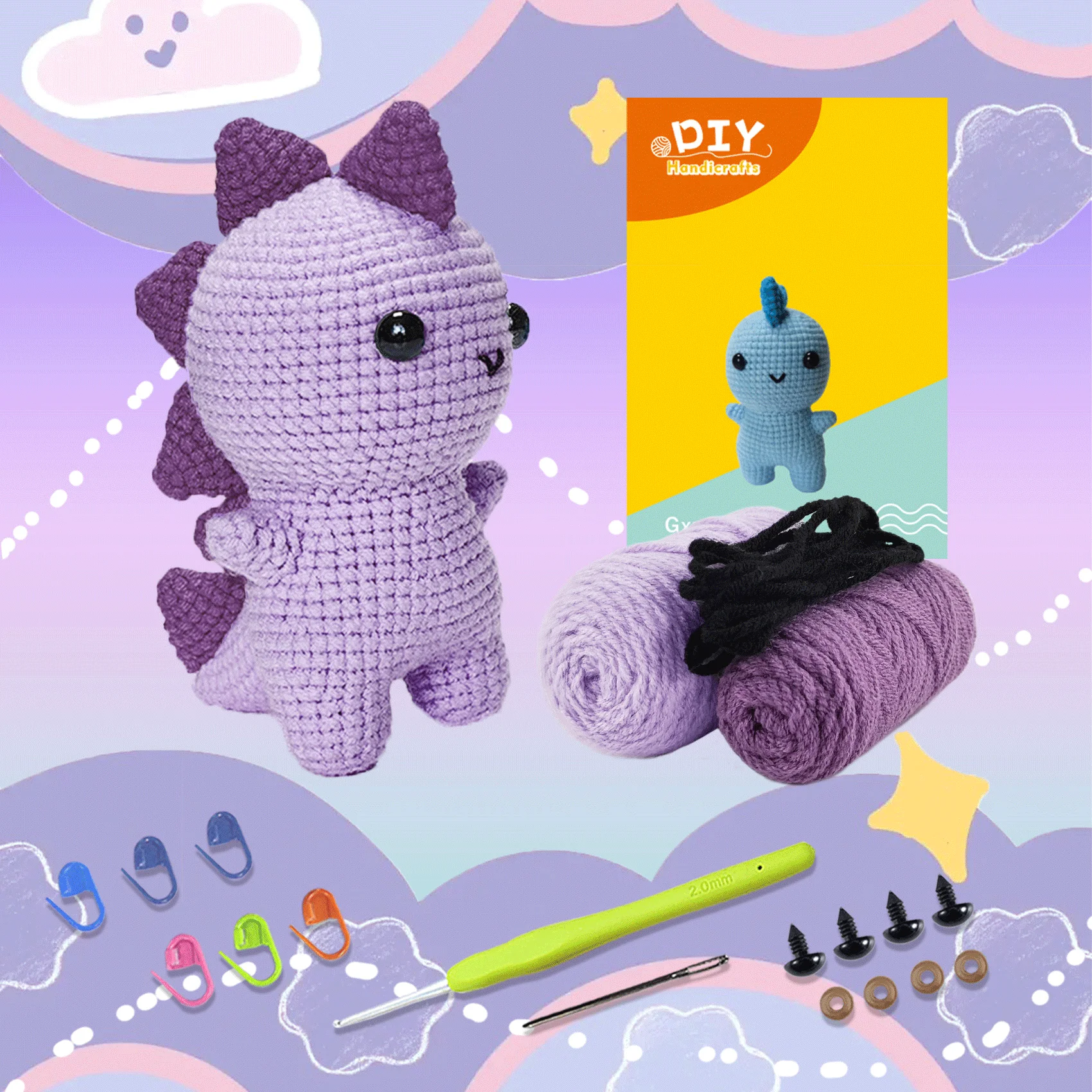 Kit uncinetto DIY per principianti - Set amigurumi dinosauro viola con filato, uncinetto e occhi di sicurezza