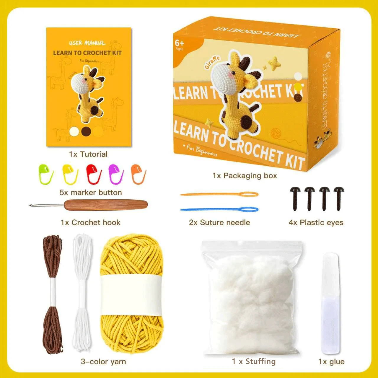 Learn to Crochet Kit for Beginners - Yellow Giraffe Amigurumi Starter Set, Ages 6+
