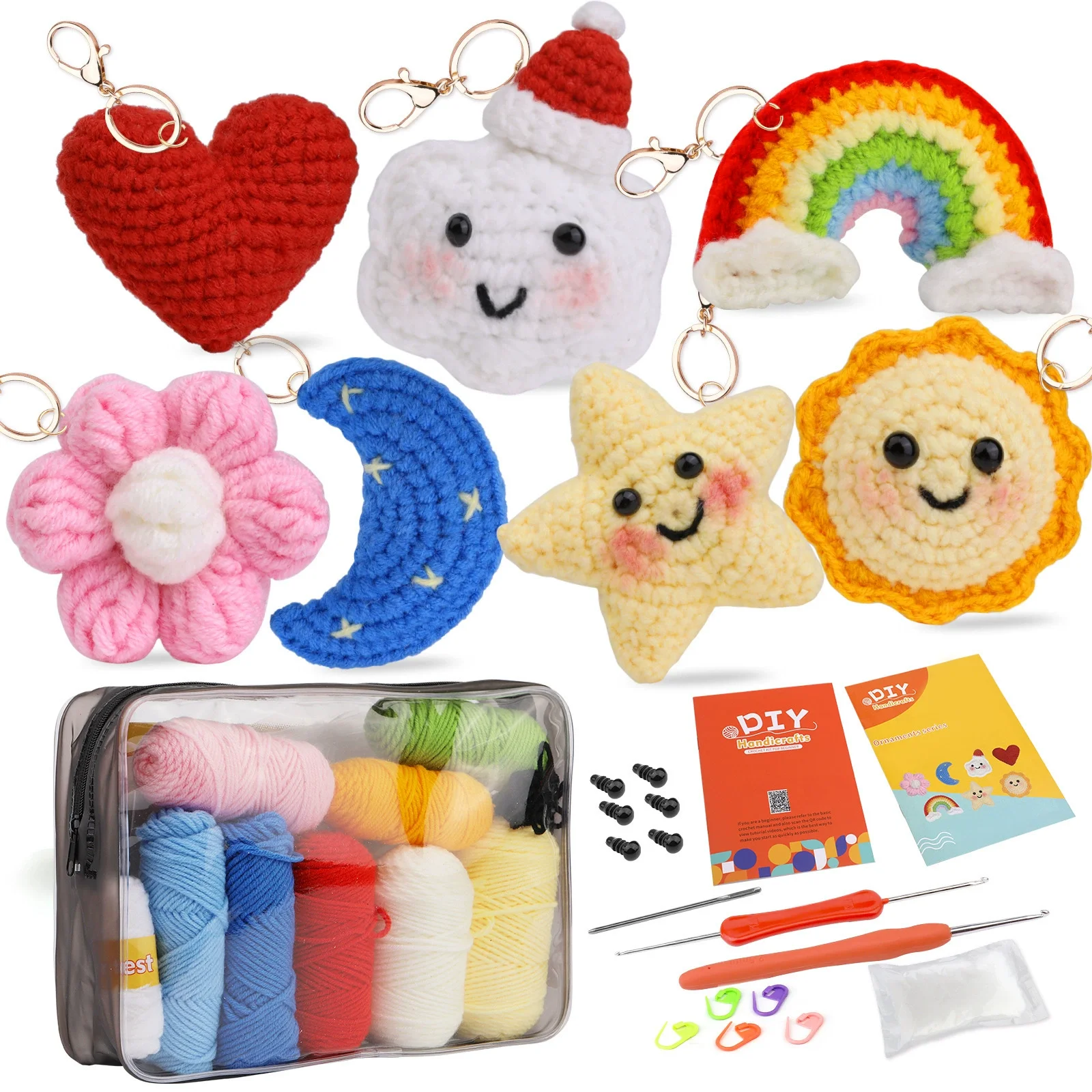 DIY Crochet Keychain Kit for Beginners - 7-in-1 Sun, Moon, Star, Rainbow and Heart Amigurumi Set