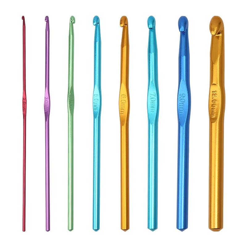 Set de ganchillos de aluminio, 2,0 mm–12,0 mm, 9 ganchos anodizados codificados por color