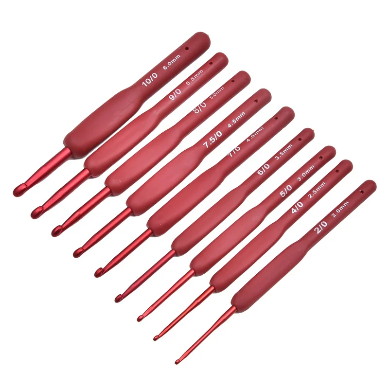 Set de ganchillos ergonómicos rojos, 2,0 mm–6,0 mm, 9 piezas con mango de silicona suave para principiantes