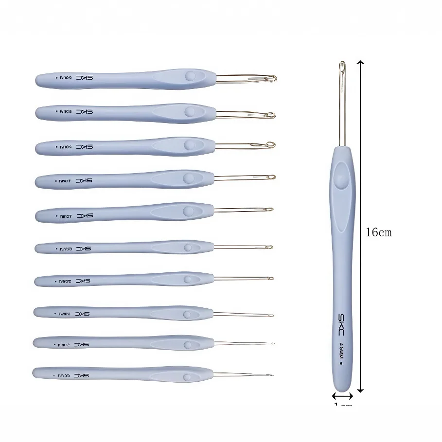 Set de ganchillos latch hook SKC, 1,0 mm–6,0 mm, 10 piezas mangos azul claro ergonómicos para alfombras y manualidades