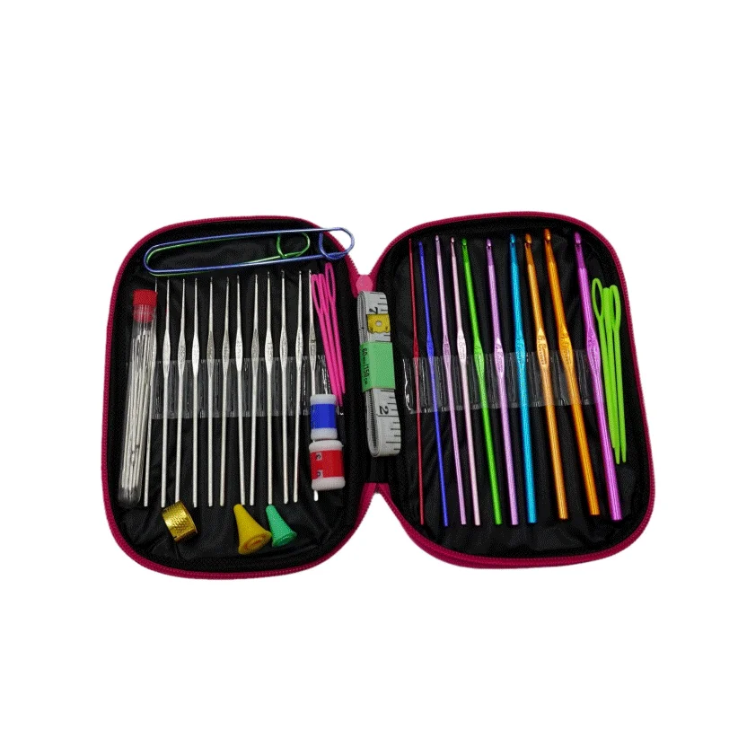 Kit de ganchillos con estuche rosa, ganchos de aluminio y acero con marcadores y agujas romas